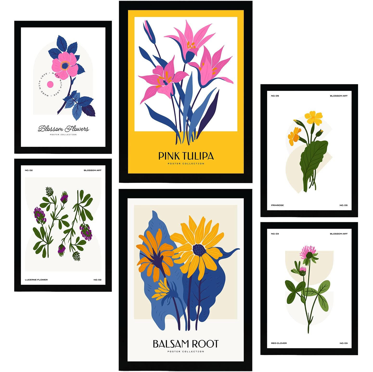 POSTER Set Mit 6 Blumen Wilde Blumensträuße Natur Und Botanikdrucke Für Innenarchitektur A3 & A4 Schwarzer Rahmen - Schwarz, Papier (29/3cm) - Nacnic