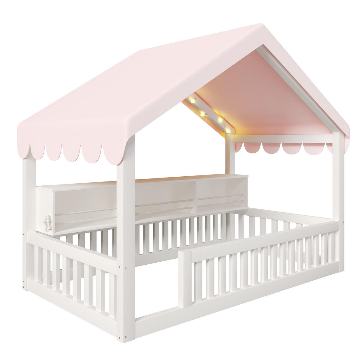 HAUSBETT 90x200 cm mit Baldachin, LED-Lichterkette und Bücherregal, Weiß - Weiß, Holz (90/200cm) - KOMHTOM