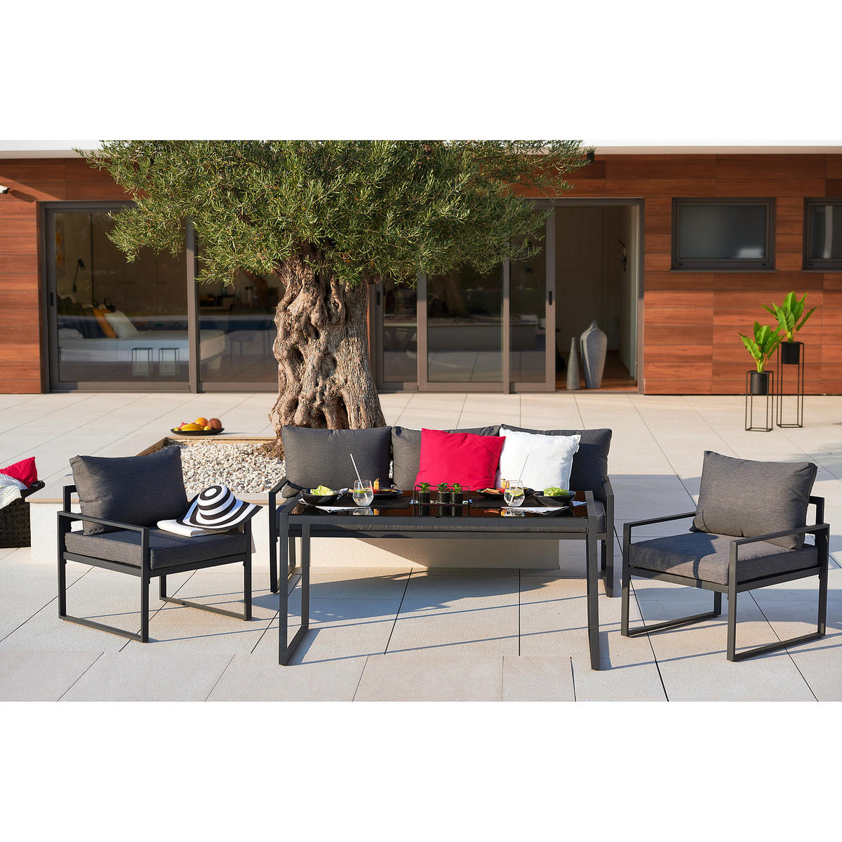 GARTENSITZGRUPPE - Stahl / Polyester - Schwarz / Grau - 4-teilig - Schwarz/Grau, Glas/Textil - home24