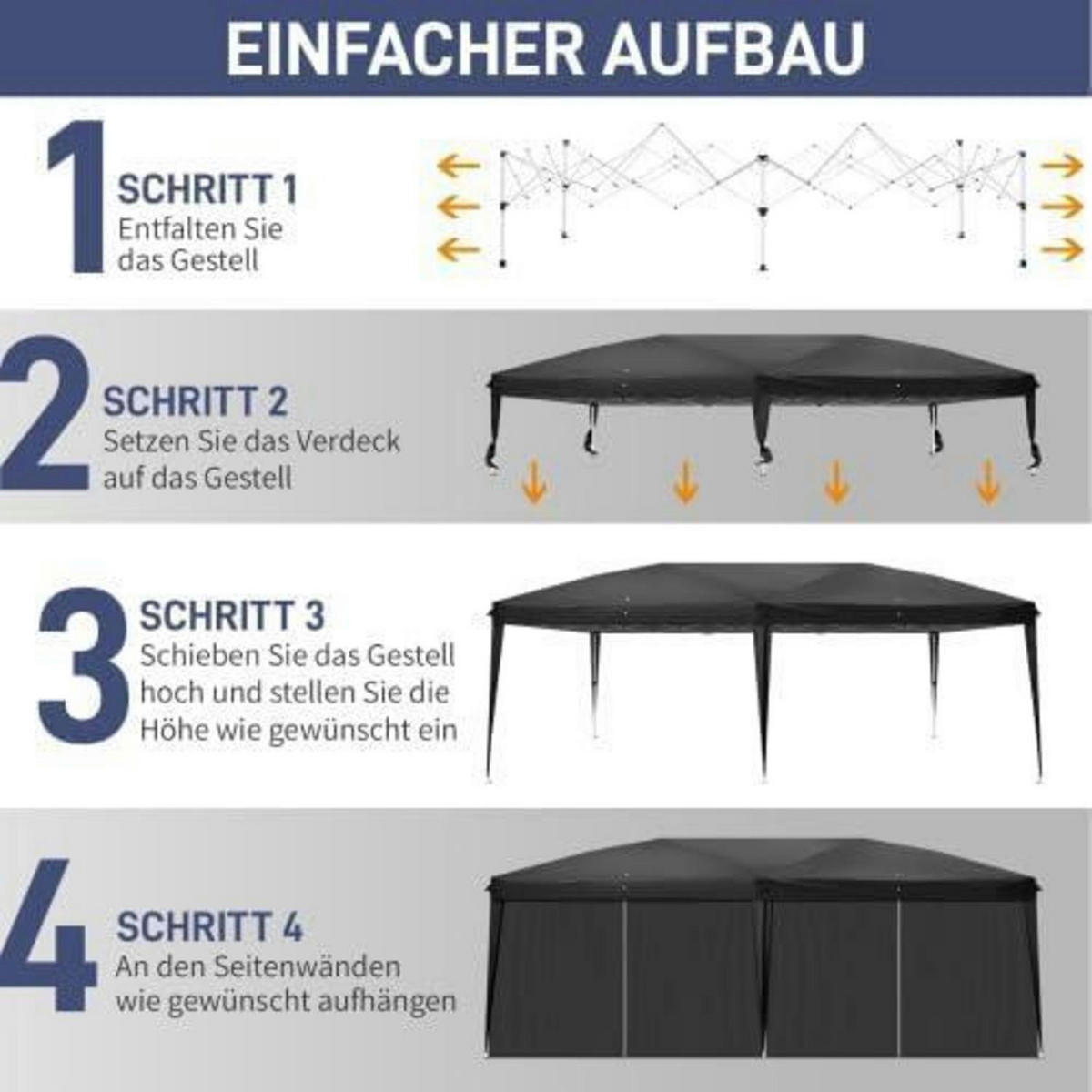 GARTENZELT 3x6m Höhenverstellbar Wasserdicht mit 6 Seitenteilen Schwarz - Schwarz, Textil (300/255/600cm)