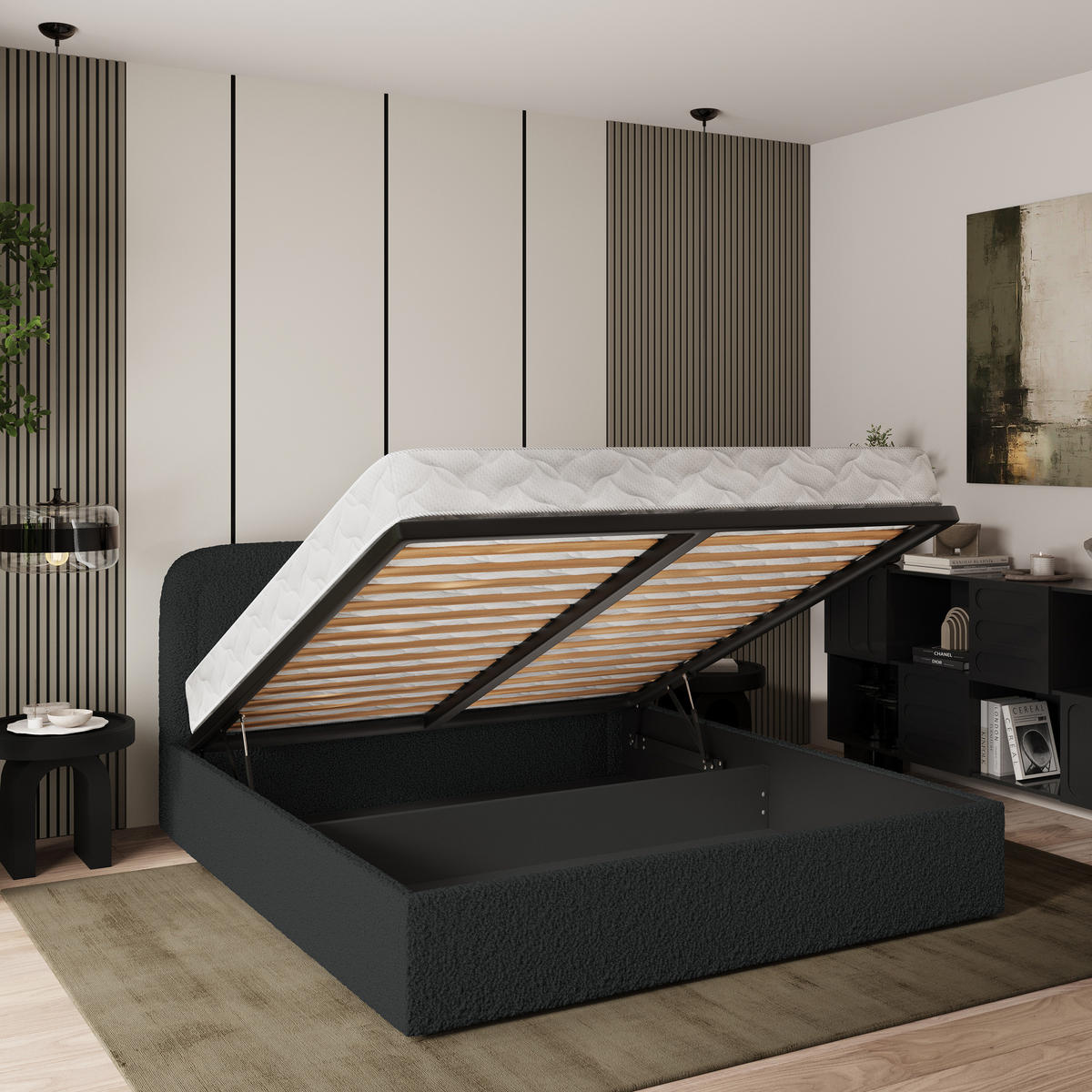 POLSTERBETT BENIRA Q 160x200 cm mit Bettkästen - Schwarz - Schwarz, Holz (160/200cm) - MASSENO