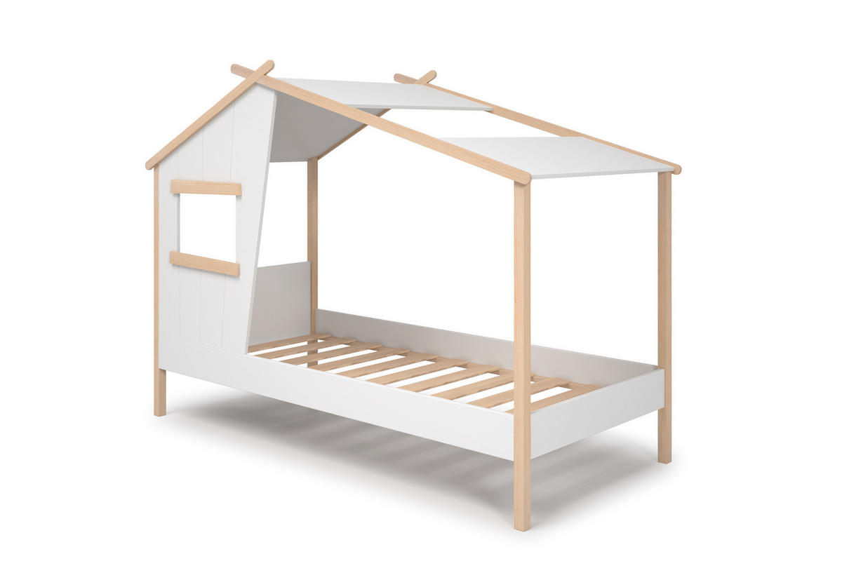 HÜTTENBETT mit schrägem Dach und verspieltem Fenster 90x190 cm 103/215,4/158.5 cm - Weiß, Holz (190/90cm) - Calicosy