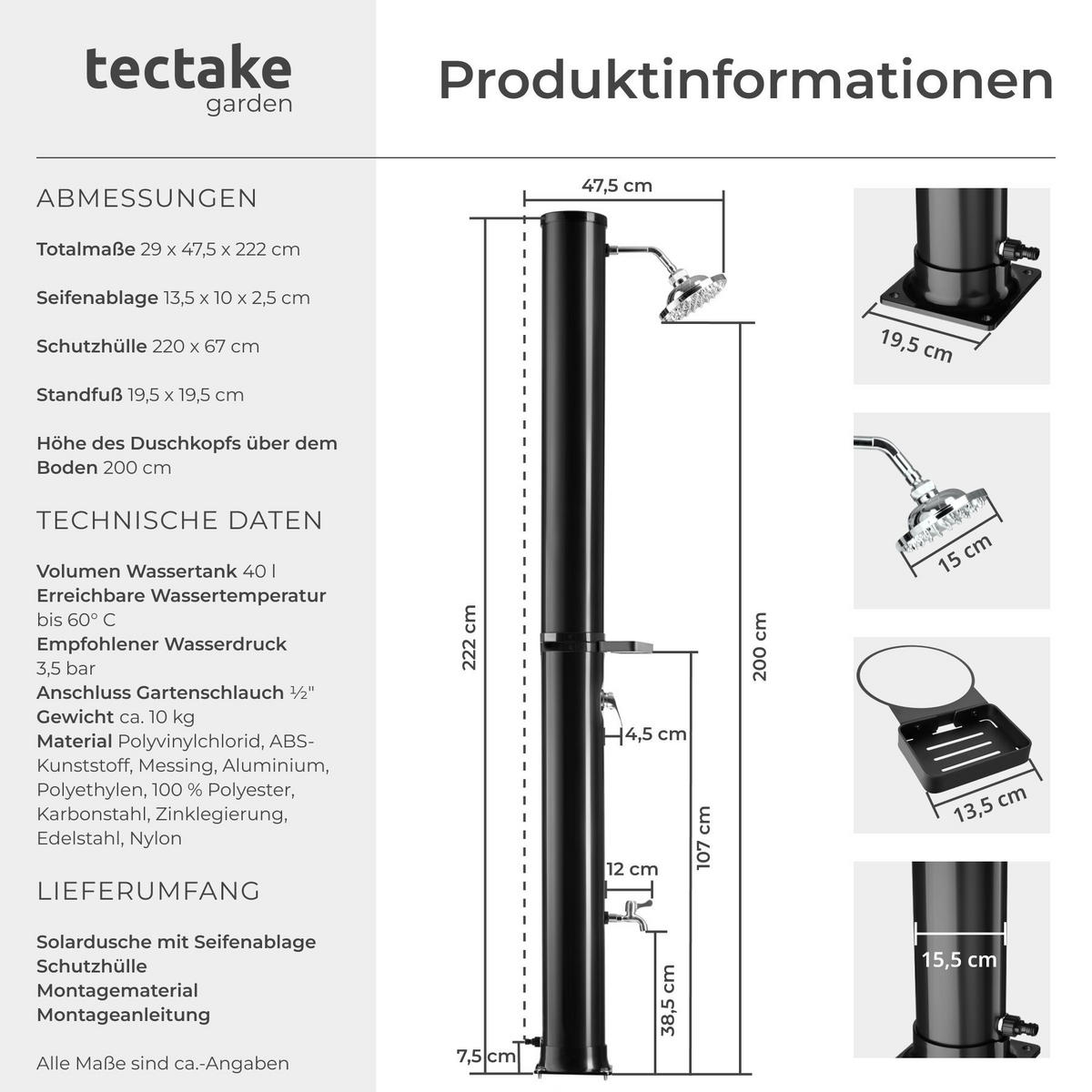 SOLARDUSCHE Orinoco, extra Wasserhahn, inklusive Schutzhülle, schwarz - Schwarz, Kunststoff (19.5/222/47cm) - tectake