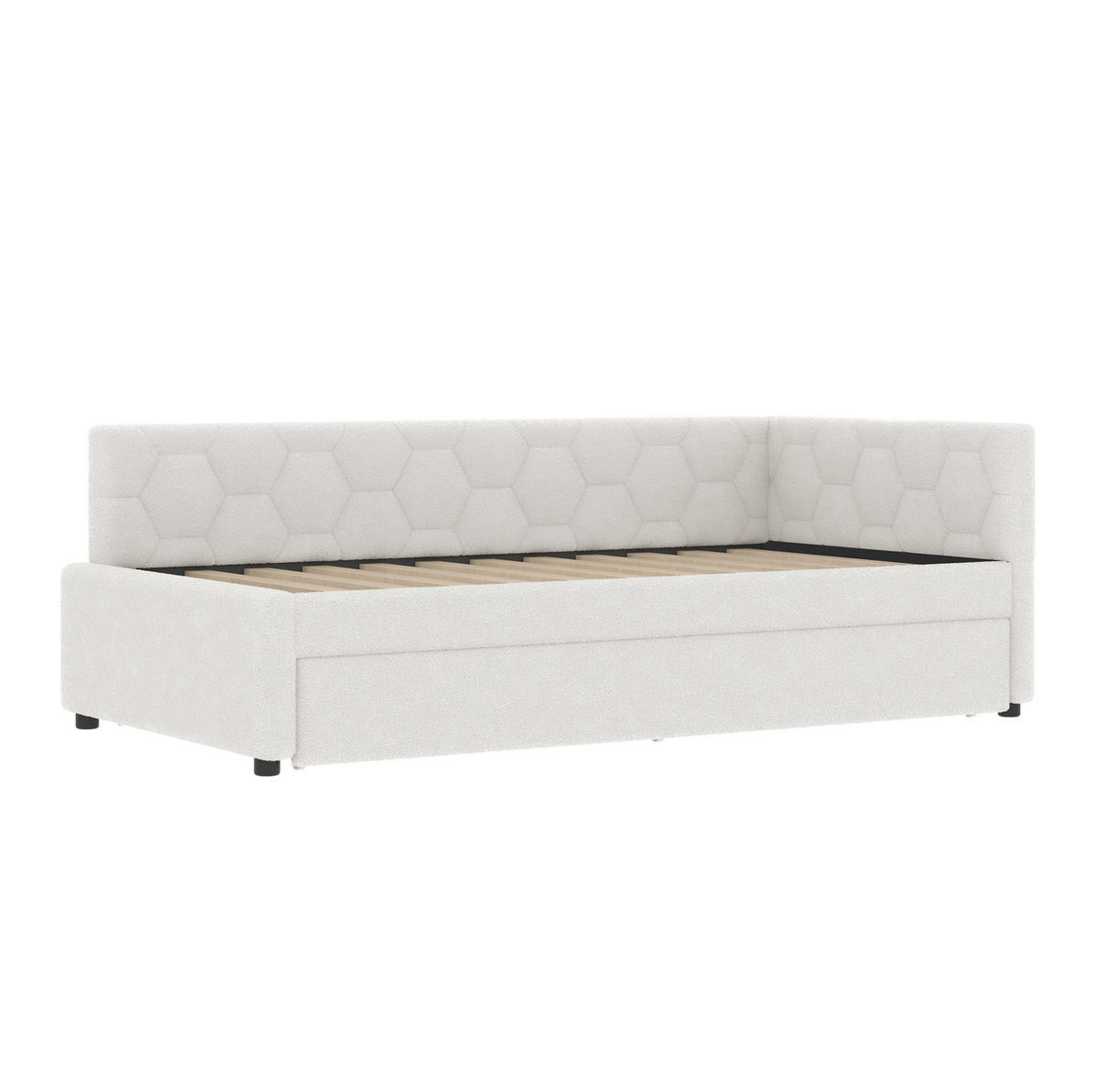 TAGESBETT 90/200 cm mit Ausziehbett, USB- und Typ-C-Anschluss, Nachttischlampe und Lattenrost, Vliesimitat, Weiß - Weiß, Textil (90/200cm) - Redom