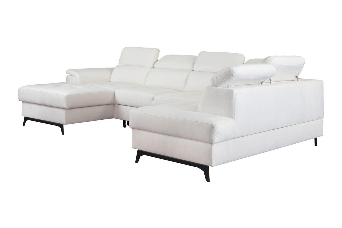 WOHNLANDSCHAFT VOLA Weiß Velours-Stoff mit Schlaffunktion - Weiß, Holz (348/105/199cm) - MASSENO