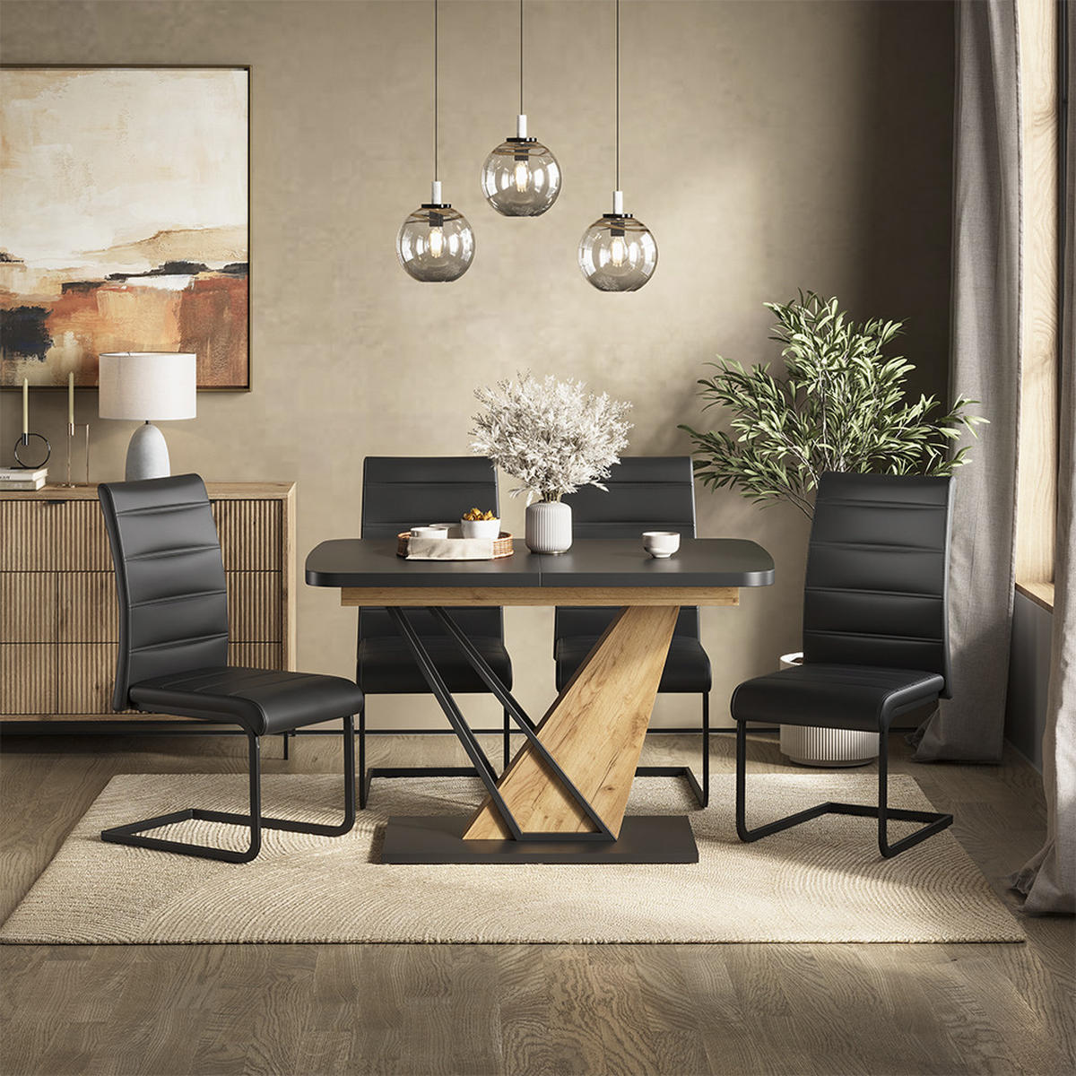 SÚPRAVA JEDÁLENSKÉHO STOLA Fenaro, čierna/Dub Goldkraft, 120 x 80 cm so 4 jedálenskými stoličkami, čierne - čierna/dub medový, kompozitné drevo (120/76/80cm) - Vicco
