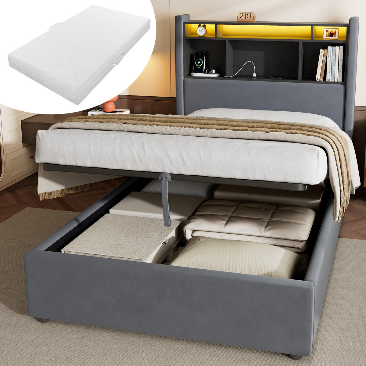 POLSTERBETT 90×200 mit LED-Beleuchtung,Kopfteilablage und Matratze - Grau, Holzwerkstoff/Textil (90/200cm) - EVRYAE