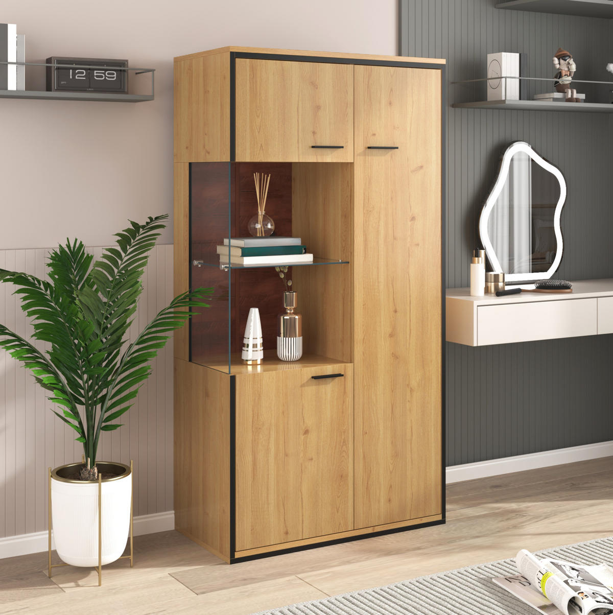 VITRINE aus MDF 40x77,5x150 cm Natur mit Glastür, LED-Beleuchtung und verstellbaren Einlegeböden - Naturfarben, Holzwerkstoff (77.5/150/40cm) - IVMEU