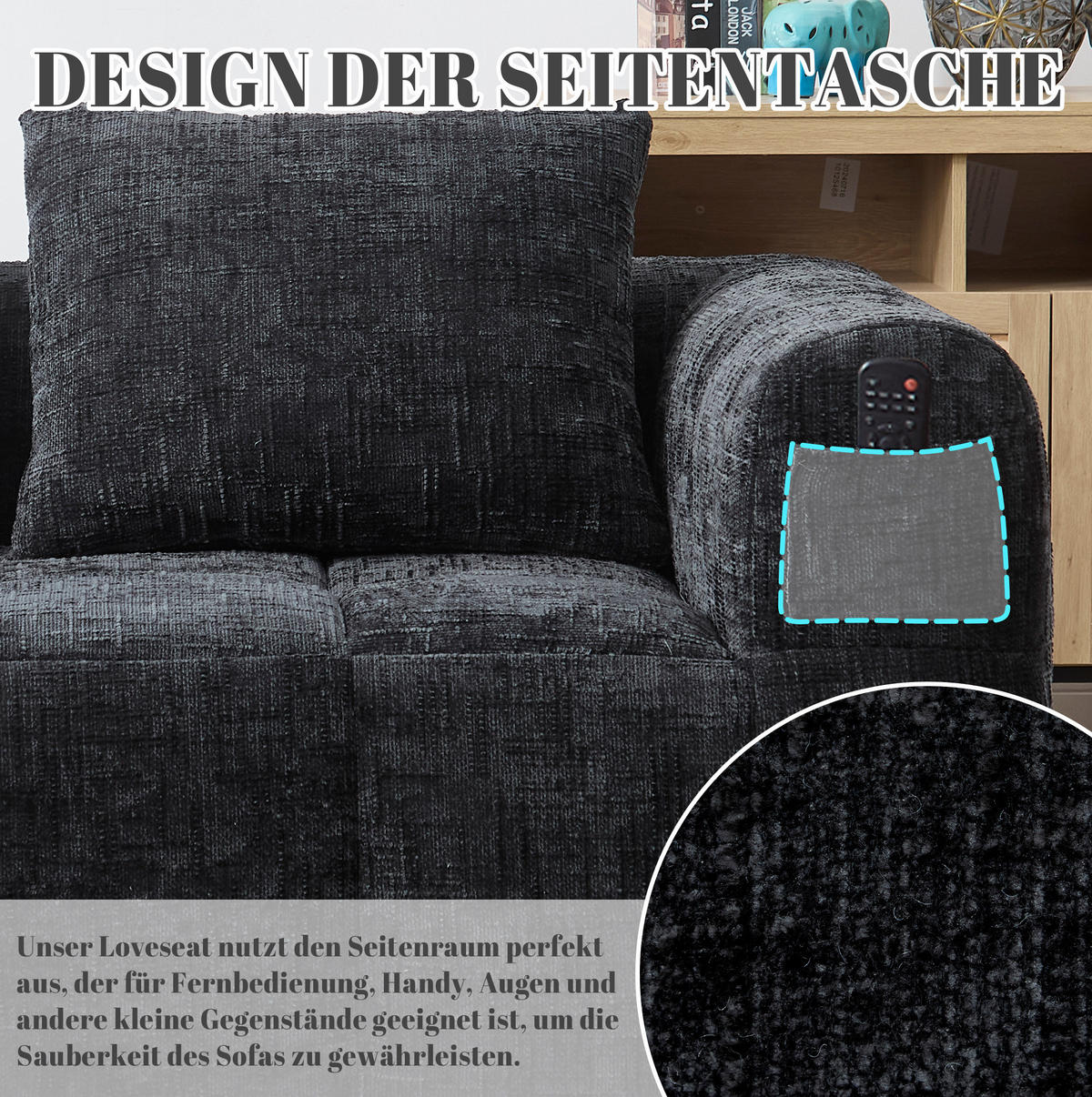 2-SITZER 158/90/60 cm Schwarz aus Chenille mit Seitentaschen - Schwarz, Textil (90/60/158cm) - OKMYHOME