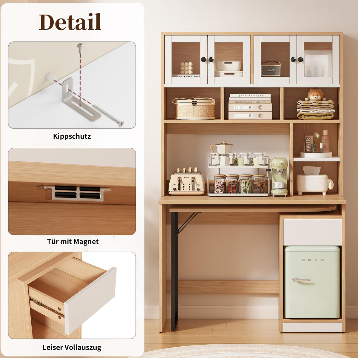 SCHREIBTISCH mit Hochschrank 180 cm MDF Natural White - Weiß, Holz (110/55/180cm) - Meubliv