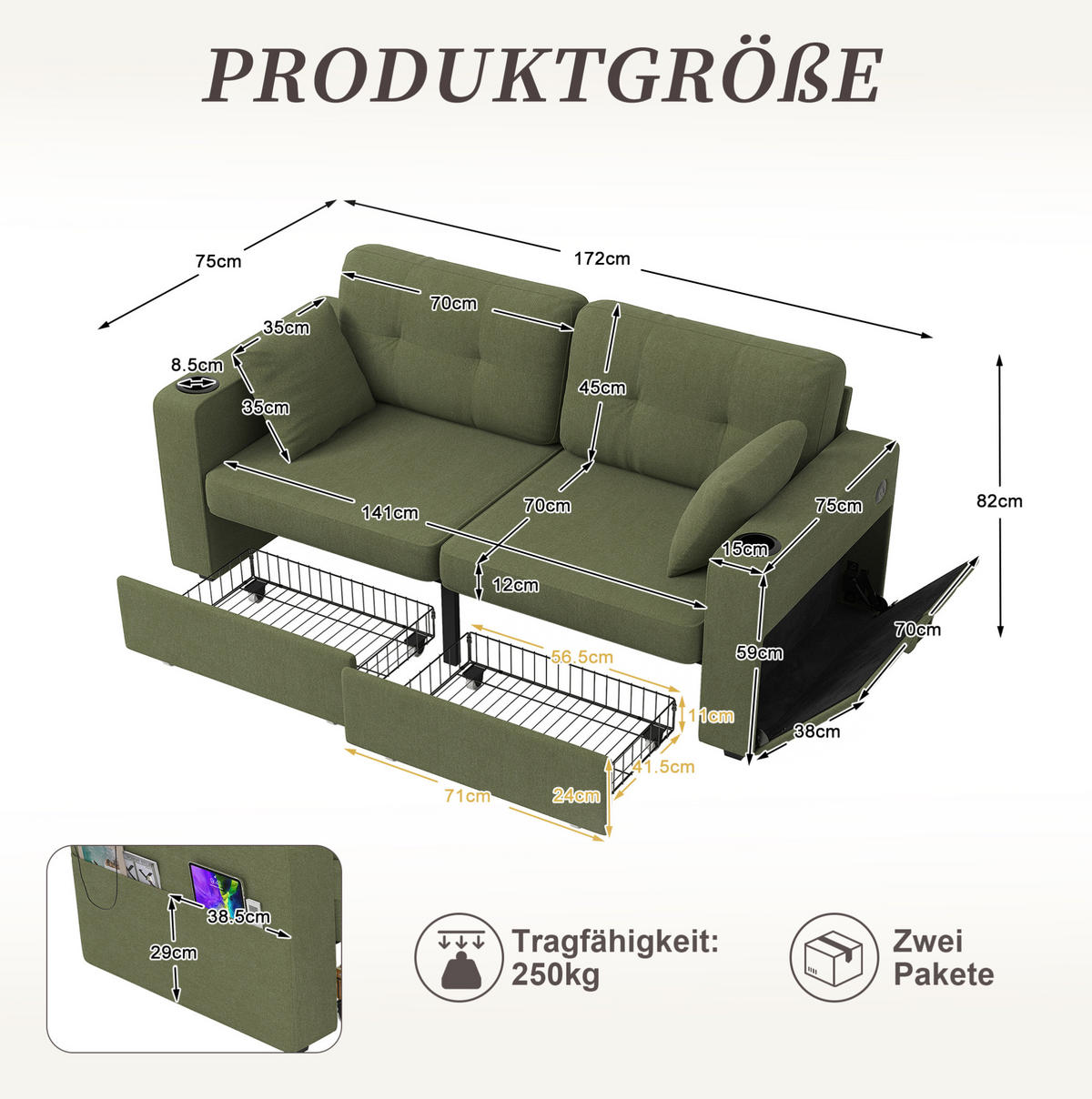 2-SITZER Sofa aus Chenille 172x75x82 cm in Olive mit USB-Anschlüssen & Stauraum - Grün, Textil (75/82/172cm) - Modfu