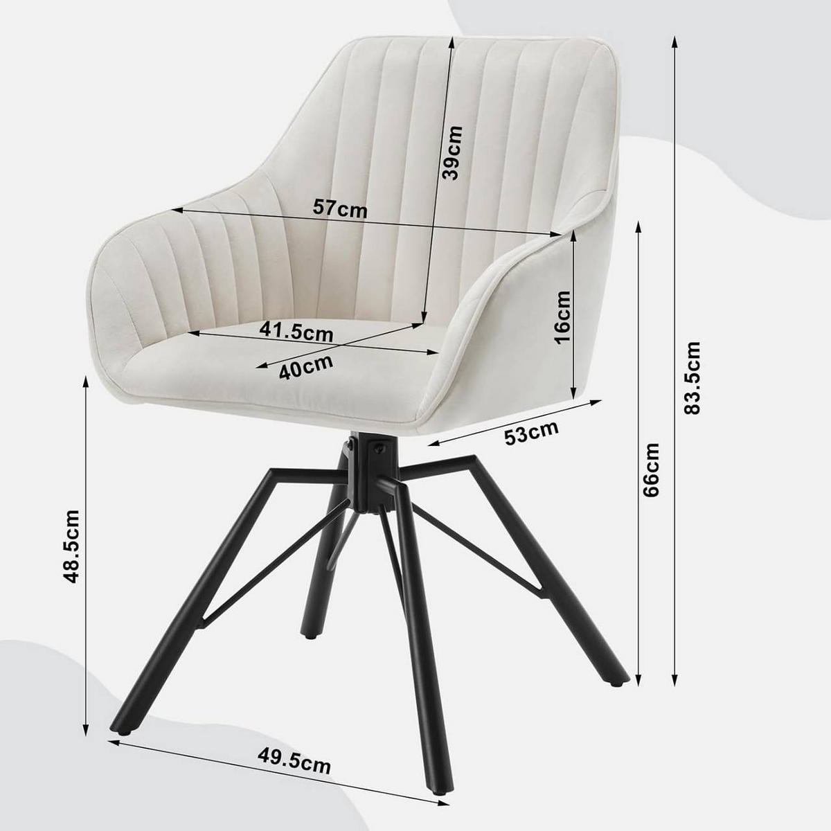 ESSZIMMERSTUHL drehbar, Samt Sessel, Creme - Creme/Schwarz, Textil/Metall (57/83.5/53cm) - Woltu