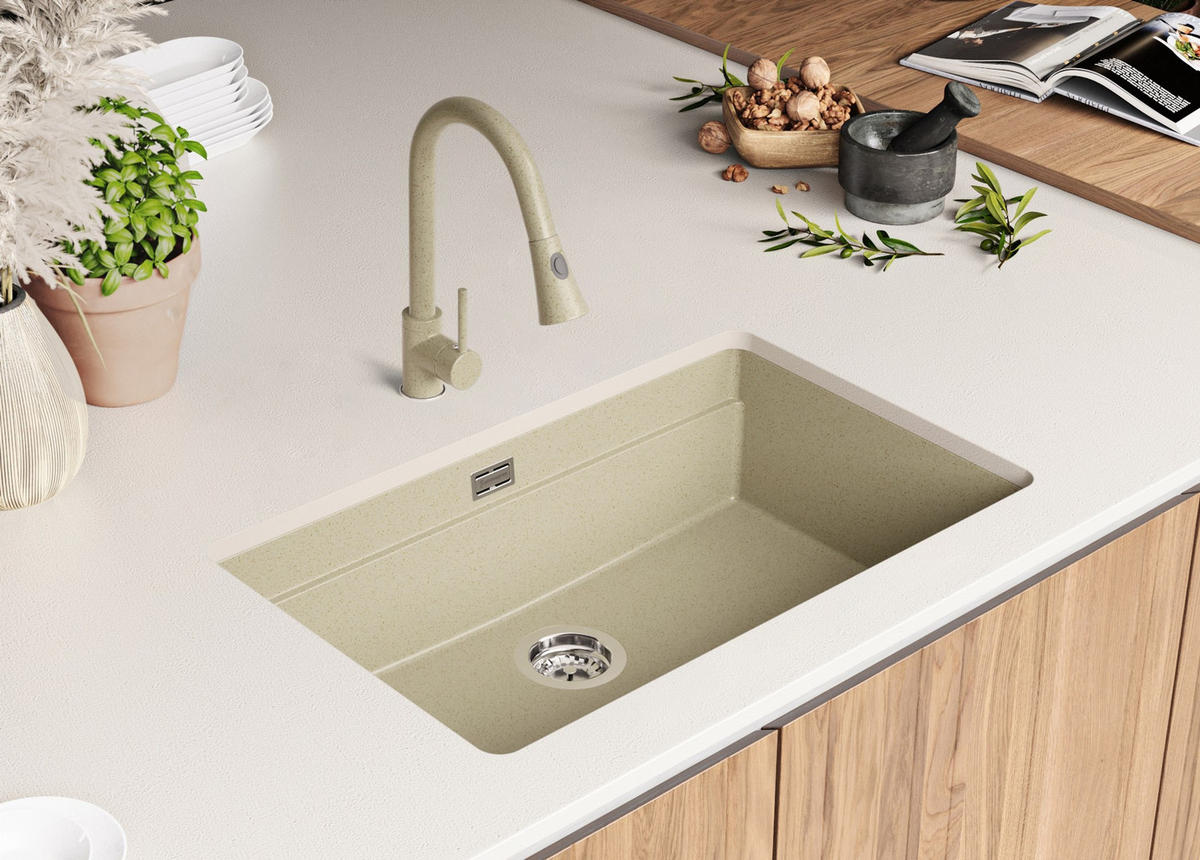 UNTERBAUSPÜLE GRANIT Praga, 2-er set Beige 76/47 cm 1 Becken + Ablauf-Set + Aufrollbare Abtropffläche ab 80er Unterschrank - Chromfarben/Beige, Kunststoff (76/20/47cm) - Primagran