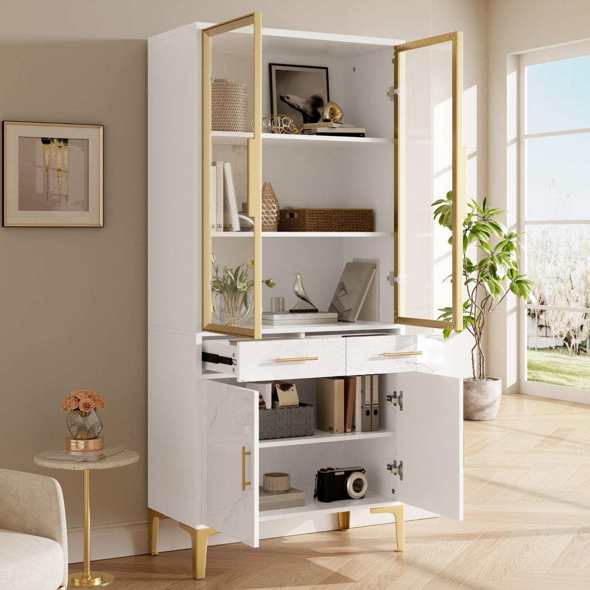 KÜCHENSCHRANK75/170/38 cm, Weiß Hochglanz, Marmoroptik, MIT LED BELEUCHTUNG, für Wohnzimmer und Esszimmer - Weiß, Holzwerkstoff (38/170/75cm) - Rolipo