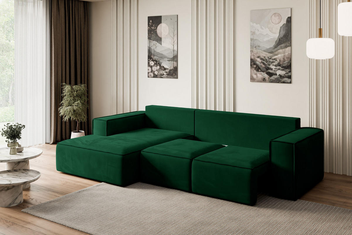 ECKSOFA mit Schlaffunktion und Bettkasten SERRA-L-S - 266x161x87 cm Grün Velours - Schwarz/Grün, Holzwerkstoff/Kunststoff (266/161cm) - ALTDECOR