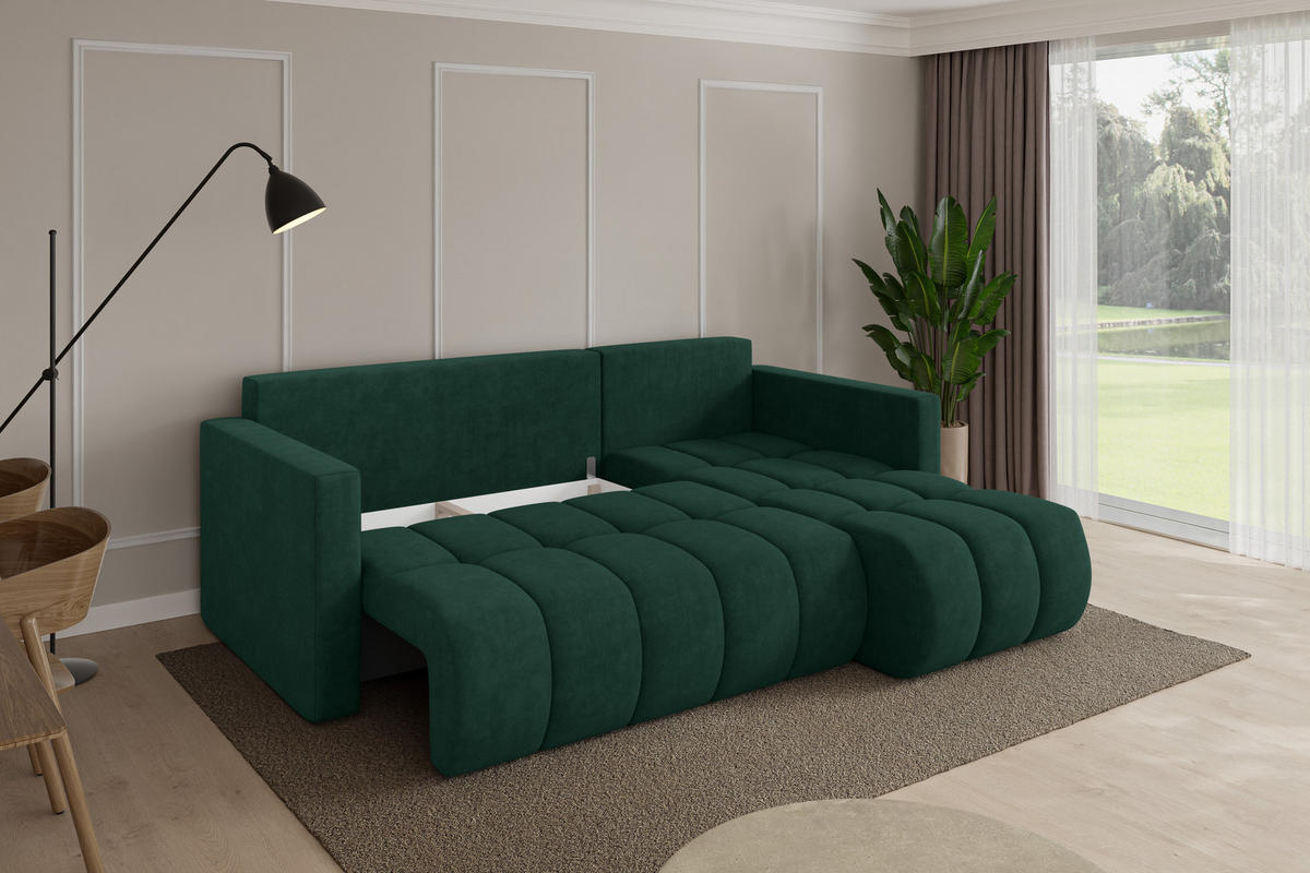 ROHOVÁ SEDAČKA s funkcí spaní, otoman vpravo GARD-L 226x146x85 zelená velur - černá/zelená barva, kompozitní dřevo/textil (226/146cm) - ALTDECOR