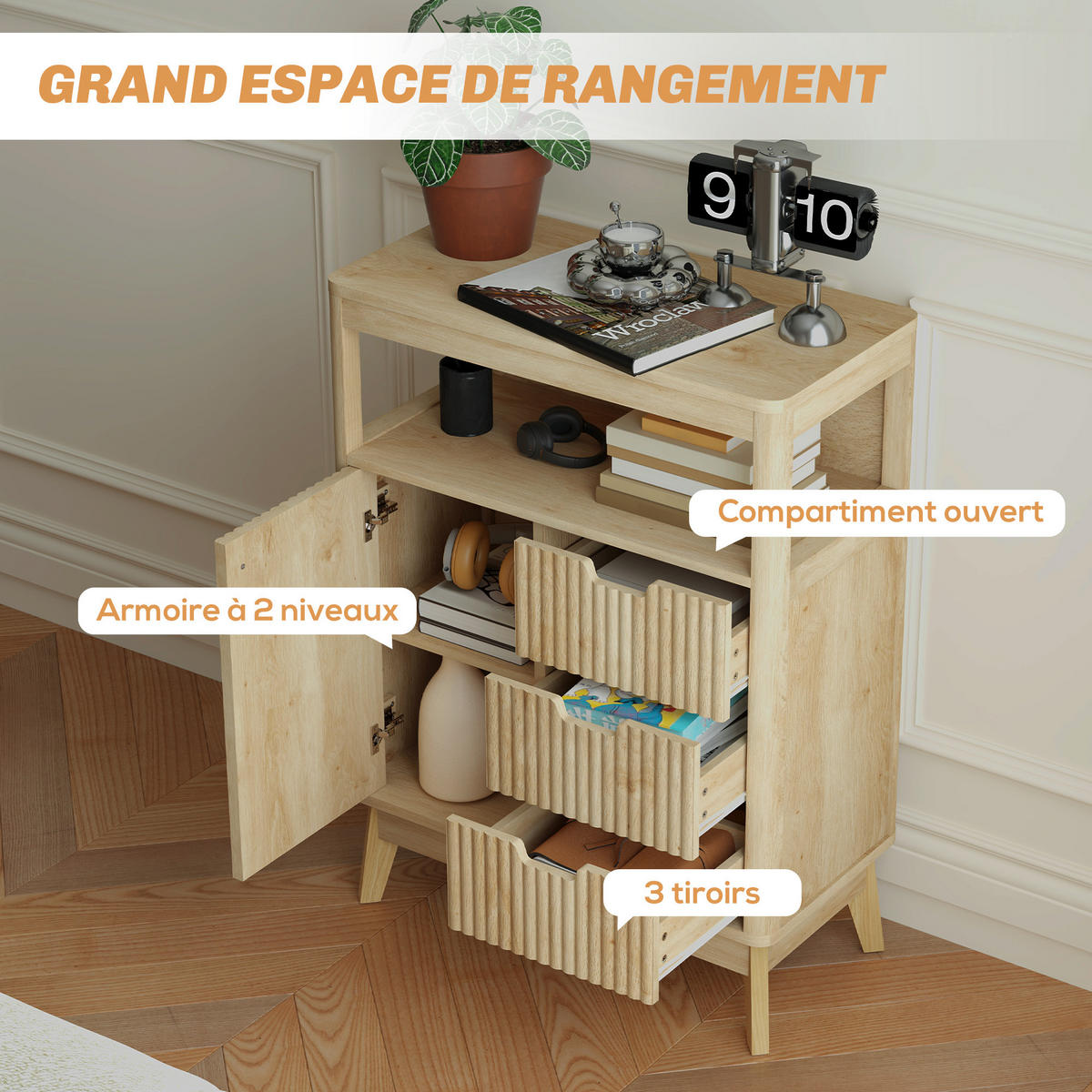 SIDEBOARD DE-11146 Mit offenem Fach & verstellbarem Boden Naturholz - Naturfarben, Holzwerkstoff (60/81/30cm) - ComfortXL