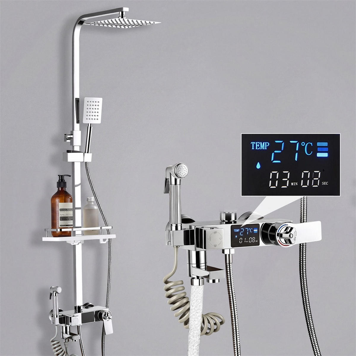 DUSCHSYSTEM Thermostat mit Digitalanzeige quadratische Regendusche ABS - Regenduschkopf mit Handbrause - Silberfarben, Metall (34/124/20cm) - DELFA