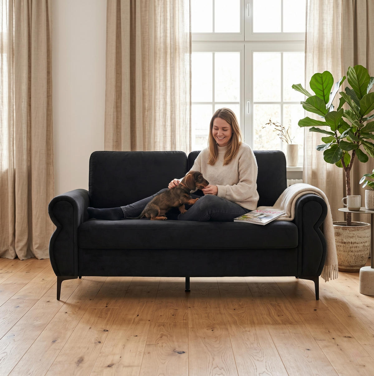 SOFA 2-Sitzer 173,5 cm Kurzflorstoff Schwarz - Schwarz, Holzwerkstoff (173.5/92/81cm) - Meubliv