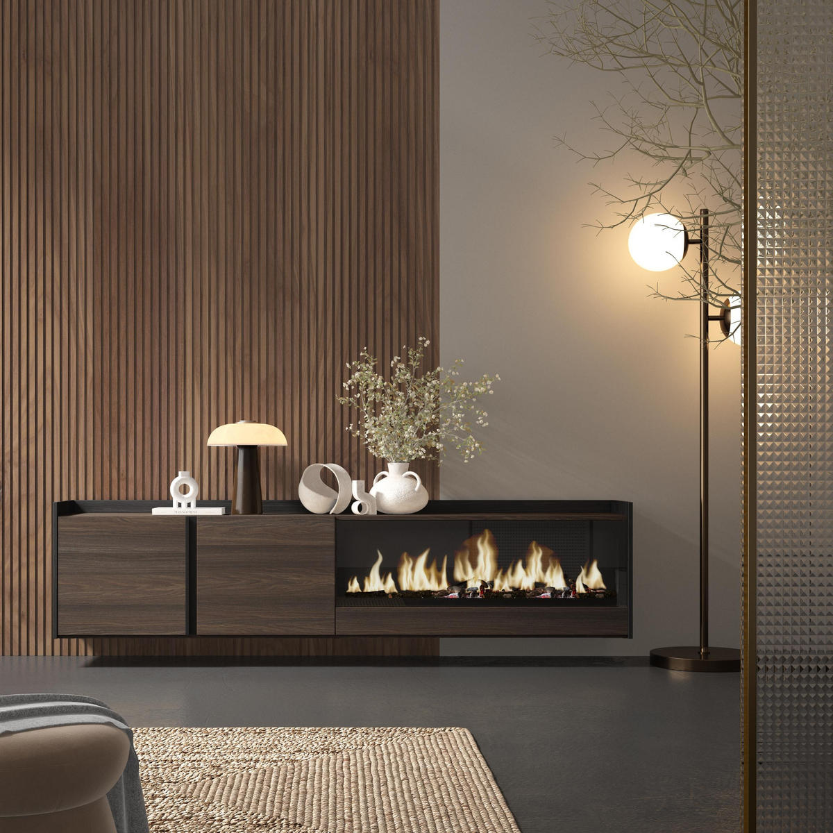LOWBOARD, Eiche und Schwarz, 212/35/50cm, Kamin mit Feuereffekt XXL - Dunkelbraun, Holzwerkstoff (212/50/35cm) - Skraut Home
