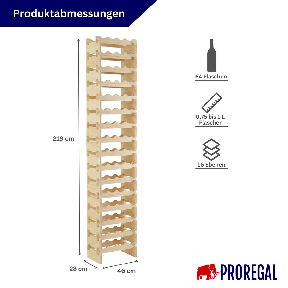WEINREGAL NAVARRA aus Holz 219x46x28cm 64 Flaschen auf 16 Ebenen Natur unbehandelt - Naturfarben, Holz (46/219/28cm) - PROREGAL