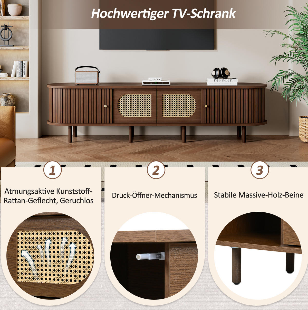 TV-LOWBOARD aus MDF 180x40x40 cm Dunkle Eiche mit Rattan-Stil, 2 Schrank- und 2 Rollladentüren - Braun, Holzwerkstoff (180/40/40cm) - IVMEU