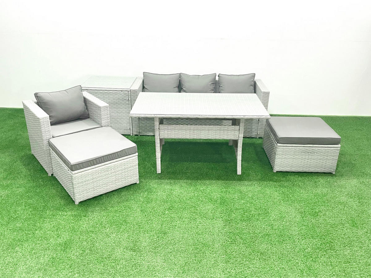 GARTENSET mit Esstisch,Sofa,2 Großer Hocker,Stuhl, Beistelltisch Polyrattan Hellgrau 6-Sitzer - Hellgrau/Grau, Glas/Kunststoff - Fimous
