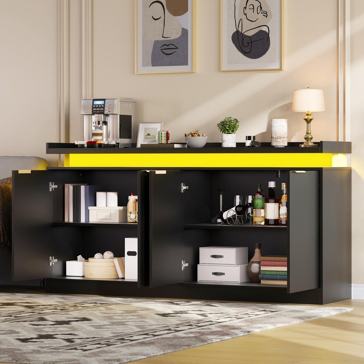 SIDEBOARD DE-38751 160/39/83 cm LED-Beleuchtung und 4 Türen Schwarz - Schwarz, Holzwerkstoff (160/83/39cm) - ComfortXL