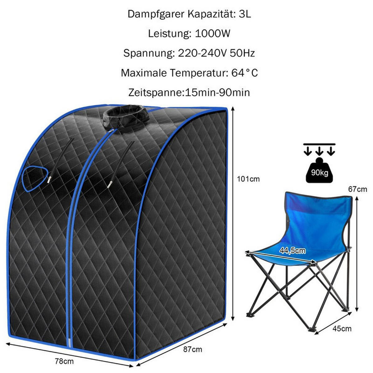 MINI-DAMPFSAUNA mit Zerstäubungsfunktion schwarz - Schwarz, Kunststoff (87/101/78cm) - COSTWAY