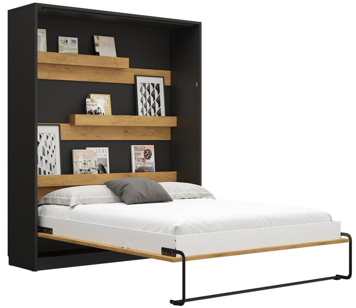 SCHRANKBETT Klappbett vertikal GN160x200 - Eiche Lancelot & Schwarz - Schwarz/Braun, Holzwerkstoff (160/200cm) - QMM TraumMöbel