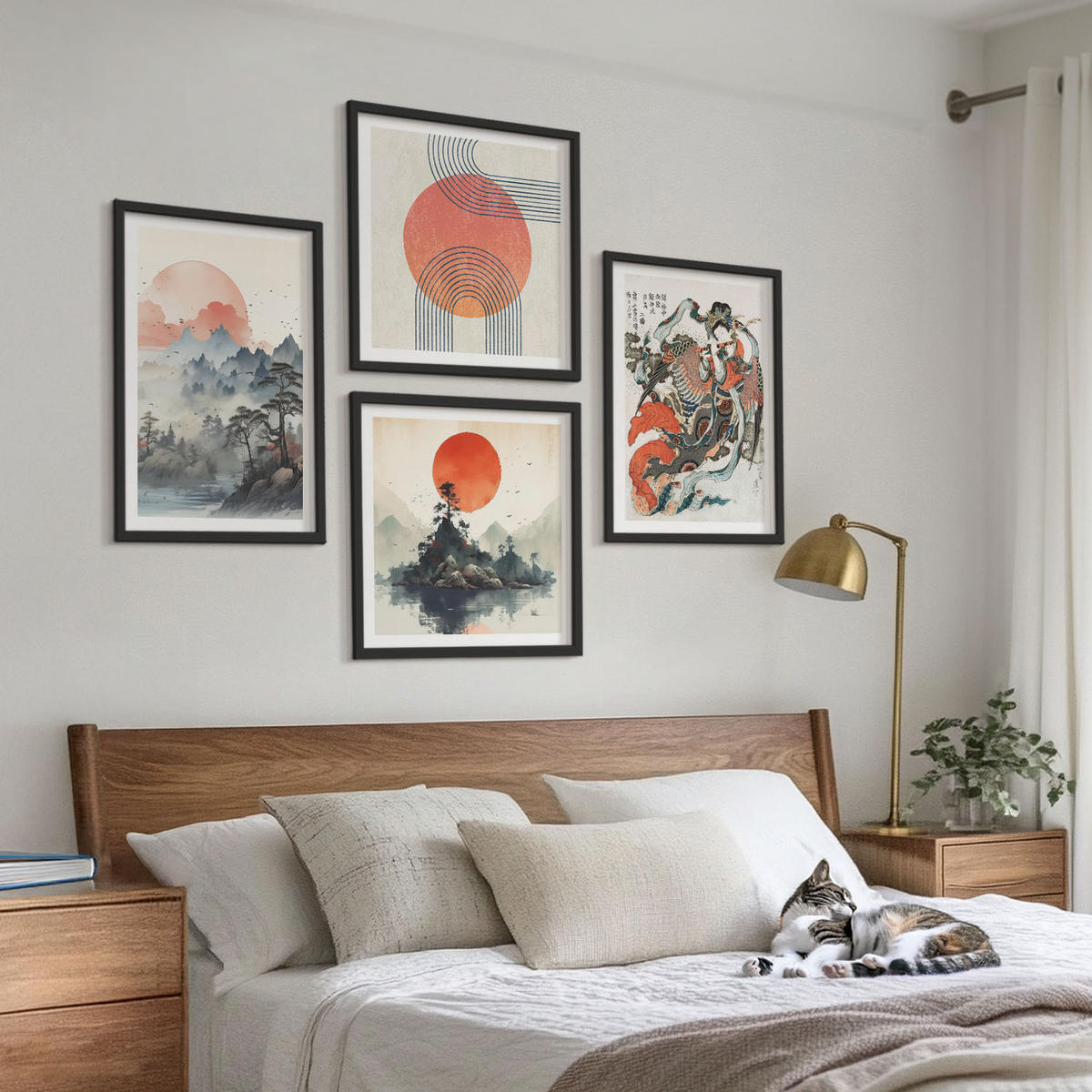 BILDER SET 4er Set - 50x50 cm & 40x60 cm Schwarzer Rahmen - Asiatische Landschaften Japandi - Schwarz, Kunststoff (50/50cm) - TULUP