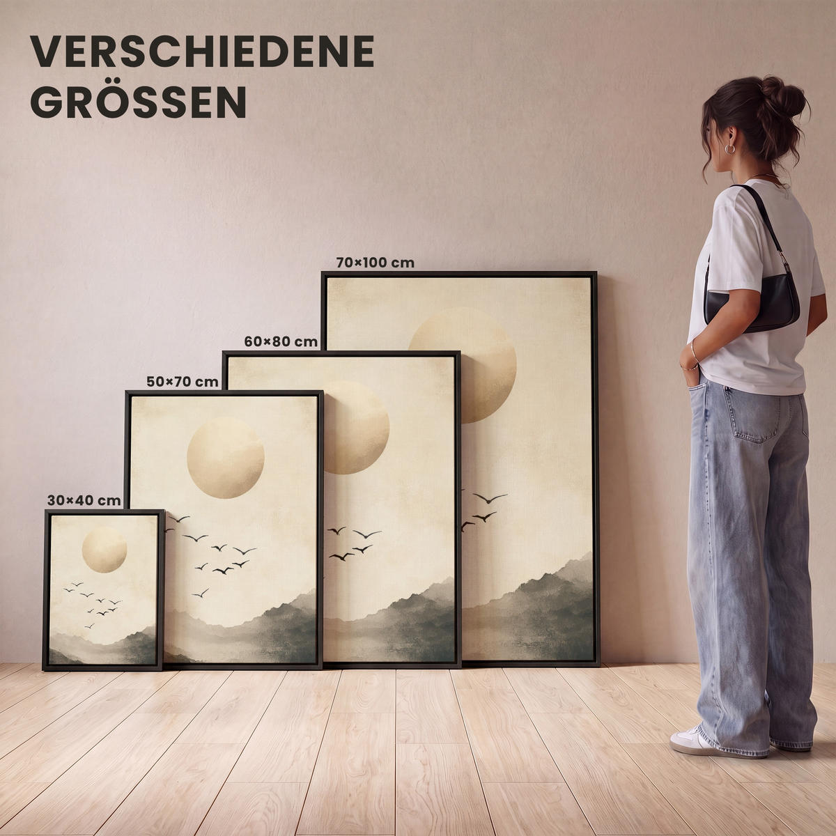LEINWAND Bilder mit Rahmen - Landschaft - Japandi - Vogel - 70x100 - Beige, Textil (70/100cm) - MuchoWow