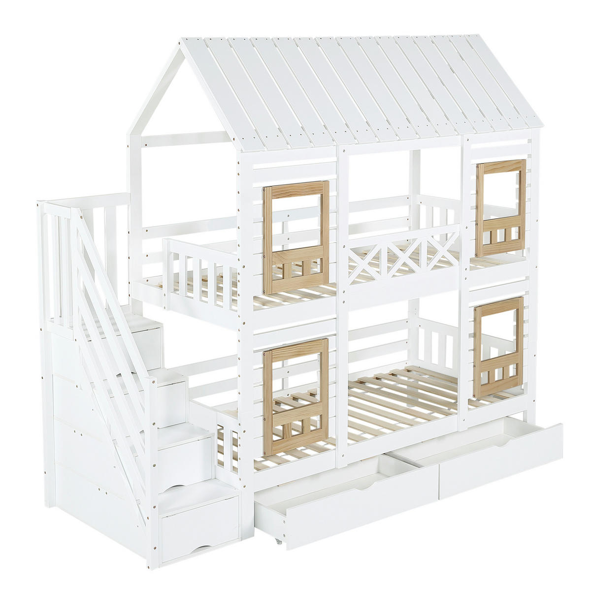 HAUSBETT 90/200 cm Weiß, Natur - Weiß, Holz/Holzwerkstoff - Raumix