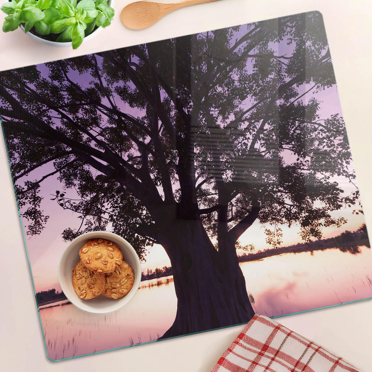 GLASPLATTE 60x52 cm Baum und See - Schwarz, Glas (60/0.4/52cm) - TULUP
