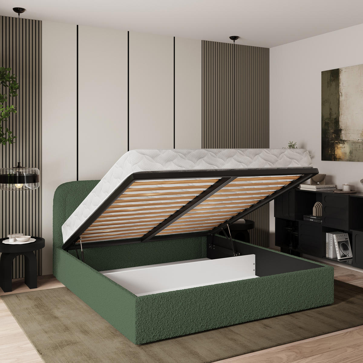 POLSTERBETT BENIRA Q 120x200 cm mit Bettkästen - Grün - Grün, Holz/Textil - MASSENO