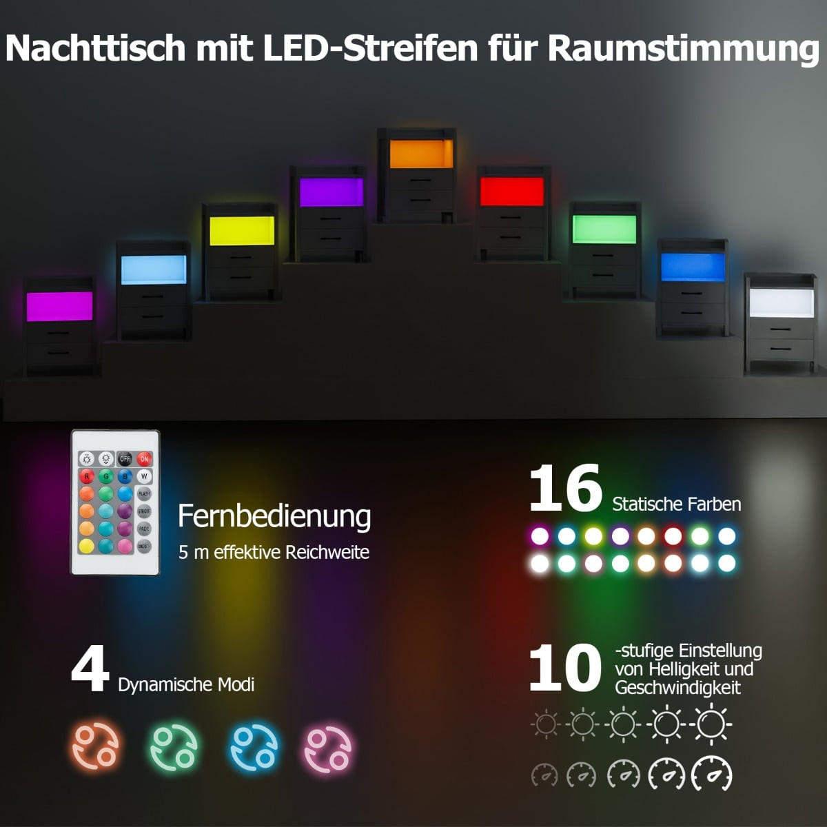 NACHTTISCH mit LED-Beleuchtung und Ladestation, 2 Schubladen, offenes Fach, Weiß, 45 x 35 x 60 cm - Weiß, Holzwerkstoff (45/60/35cm) - DESIGN IN