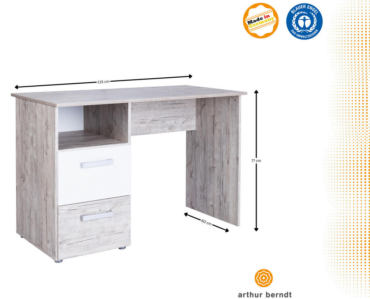 SCHREIBTISCH Bente mit 2 Schubkästen - Eichefarben/Weiß, Holzwerkstoff (115/77/60cm) - arthur berndt