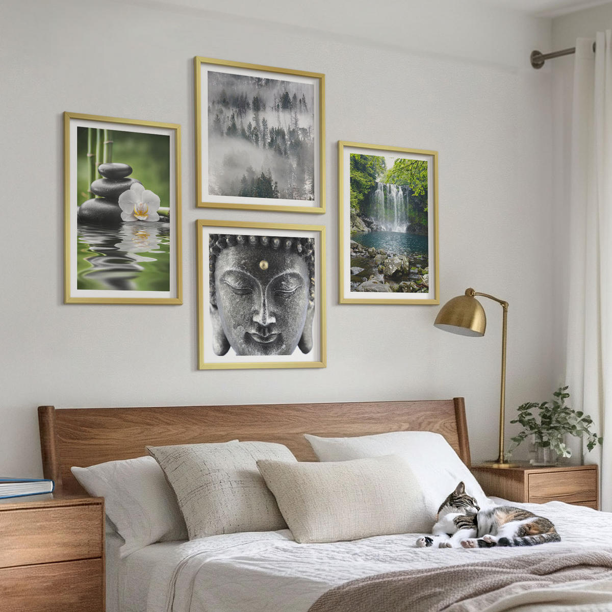 WANDBILDER 4er Set - 50x50 cm & 40x60 cm Goldrahmen - Harmonie der Natur, Steine, Wasser, Buddha - Goldfarben, Kunststoff (50/50cm) - ArtPrintCave