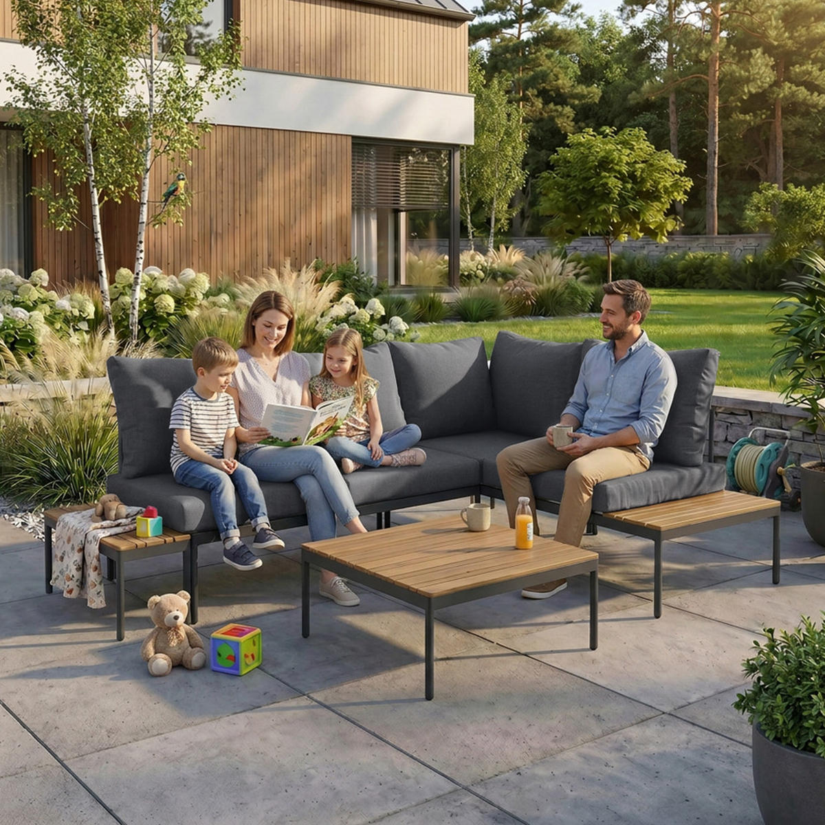 GARTENSET Livorno, modulare Bauweise , mit Ecksofa und Kaffeetisch, Metallrahmen, Dunkelgrau - Dunkelgrau, Metall - Beautysofa
