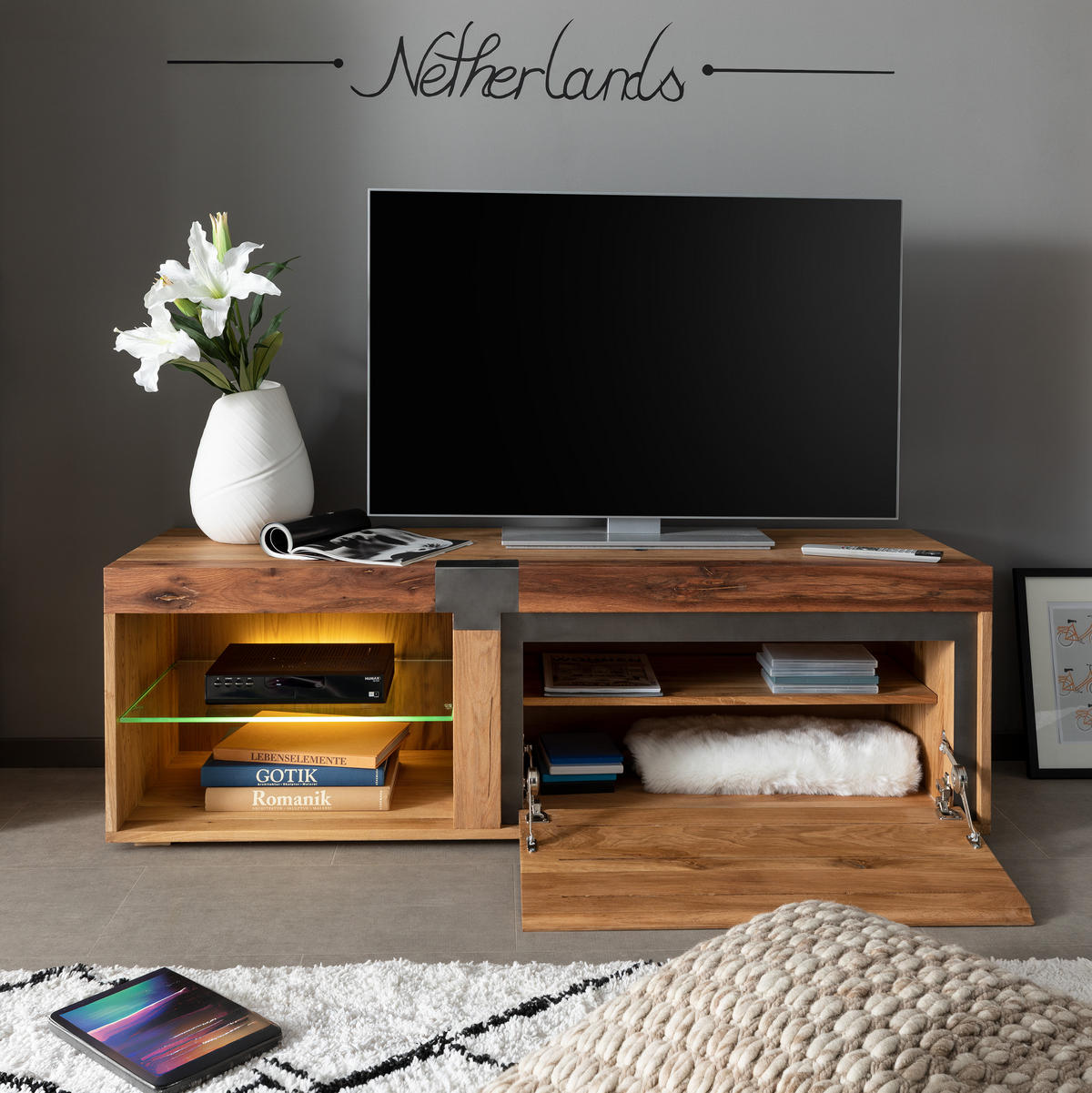 TV-BOARD Wildeiche / Zerreiche 150x48x50 natur geölt NEW AMSTERDAM #01 - Naturfarben, Holz (150/50/48cm) - Massivmoebel24