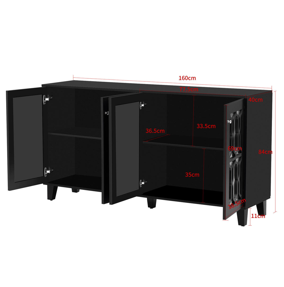 SIDEBOARD 160/40/84 cm Schwarz aus MDF mit 4 Türen - Schwarz, Holzwerkstoff (40/84/160cm) - OKMYHOME