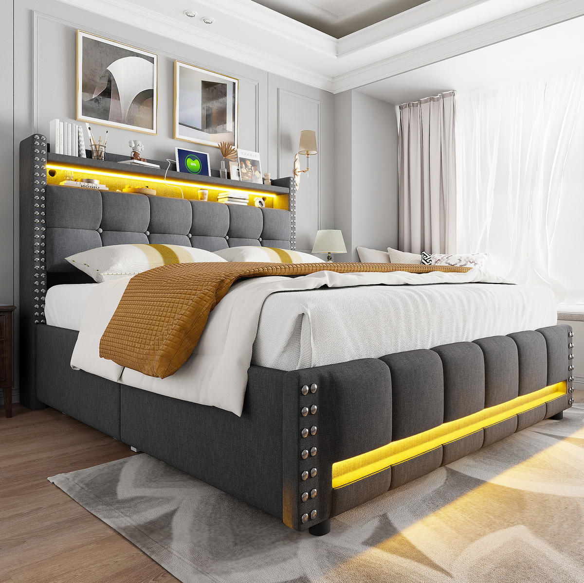 POLSTERBETT mit Stauraum und LED 140x200 cm Grau - Grau, Metall (140/200cm) - Meubliv