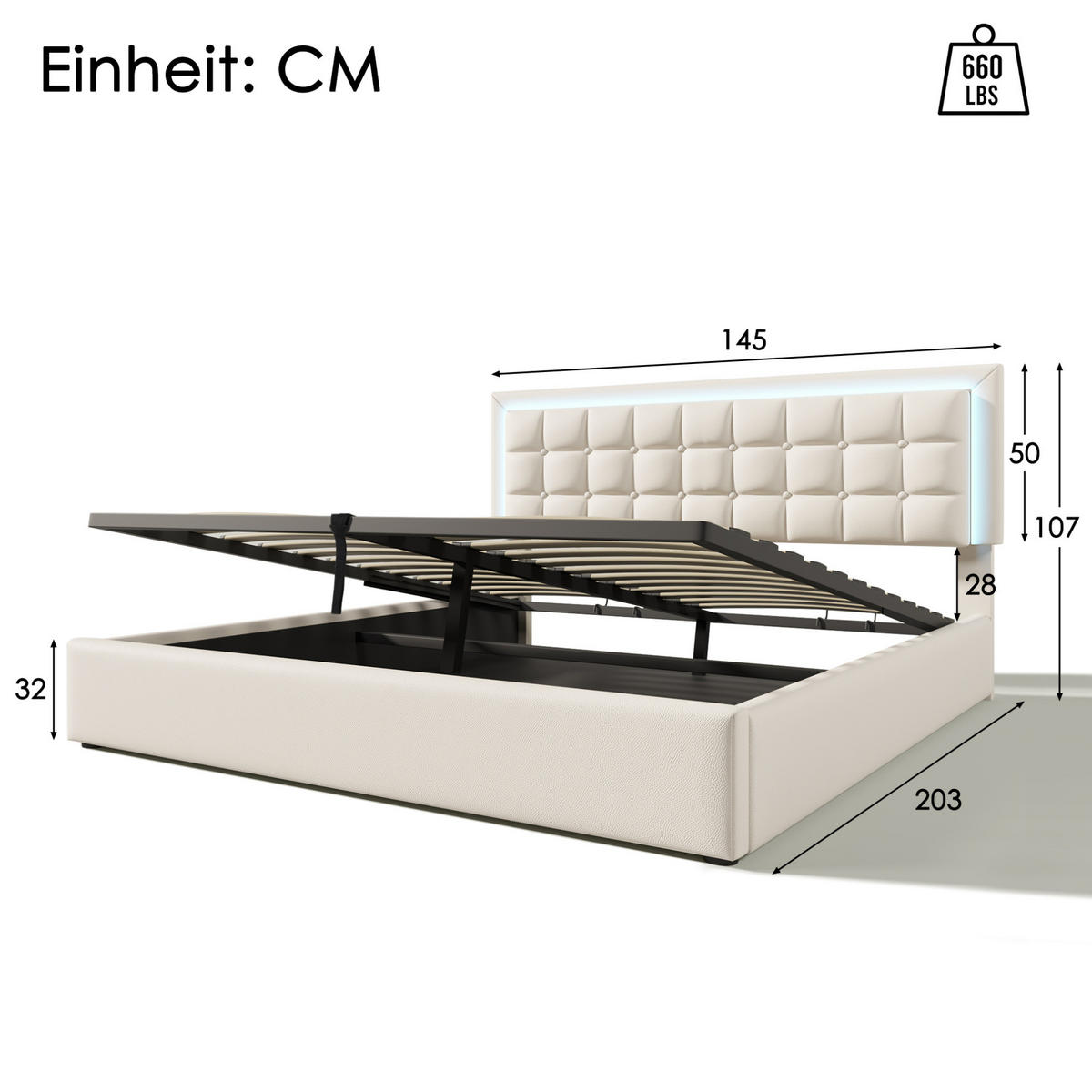 POLSTERBETT 140/200 cm mit Matratze LED-Beleuchtung, Bettkasten und Taschenfederkernmatratze, Weiß - Weiß, Kunststoff - Redom