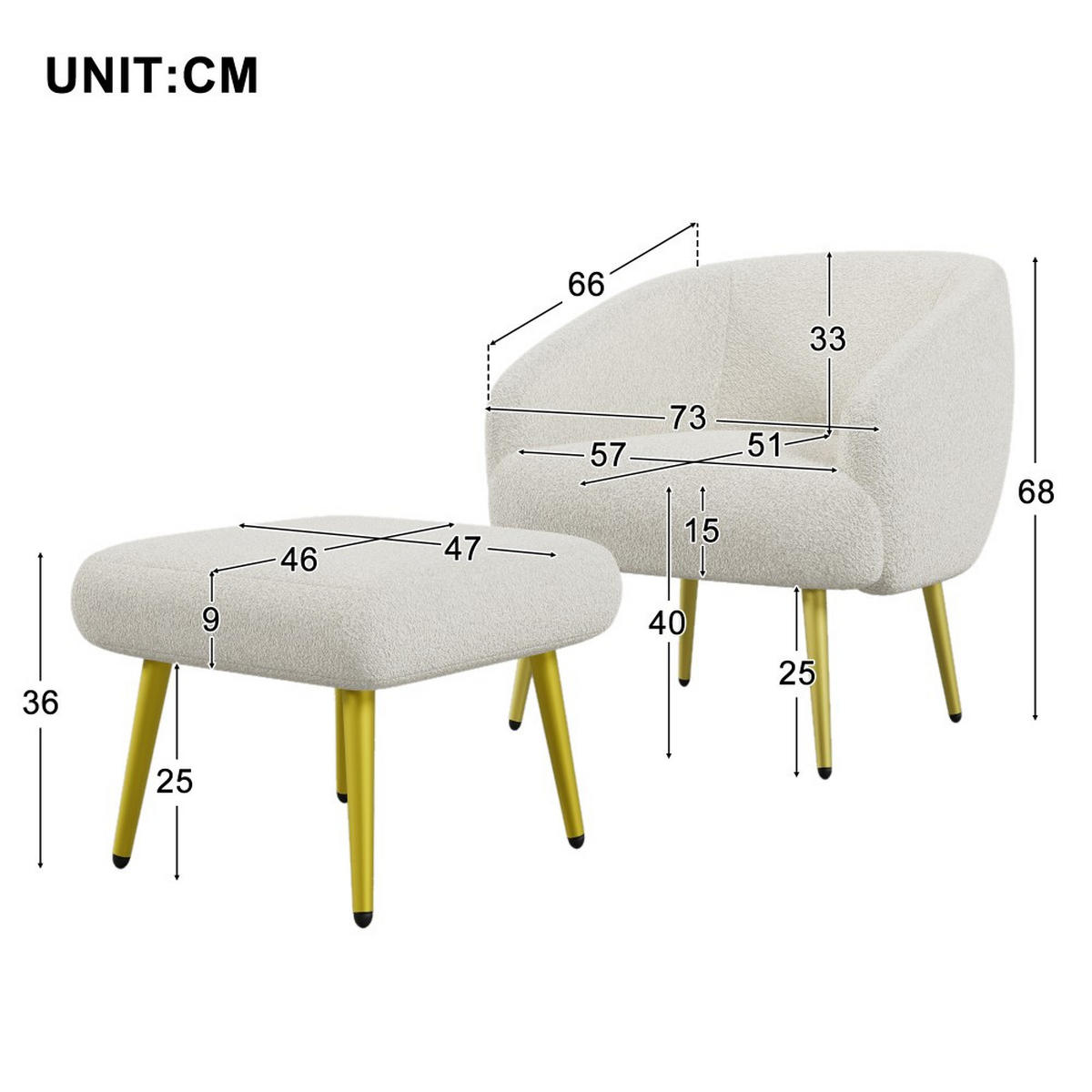 WOHNZIMMERSTUHL in White Sherpa-Stoff mit Fußhocker - Weiß, Textil/Metall (66/68/73cm) - KOMHTOM