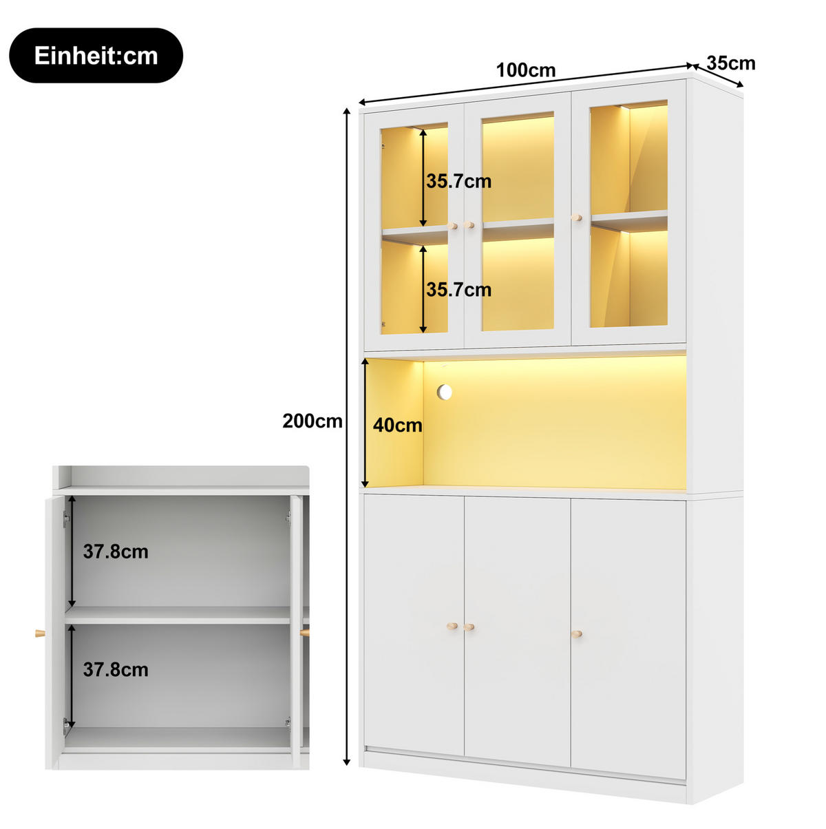 BÜCHERSCHRANK mit Glasvitrine & LED 100 x 35 x 200 cm Weiß - Weiß, Holzwerkstoff (35/200/100cm) - Beauniv