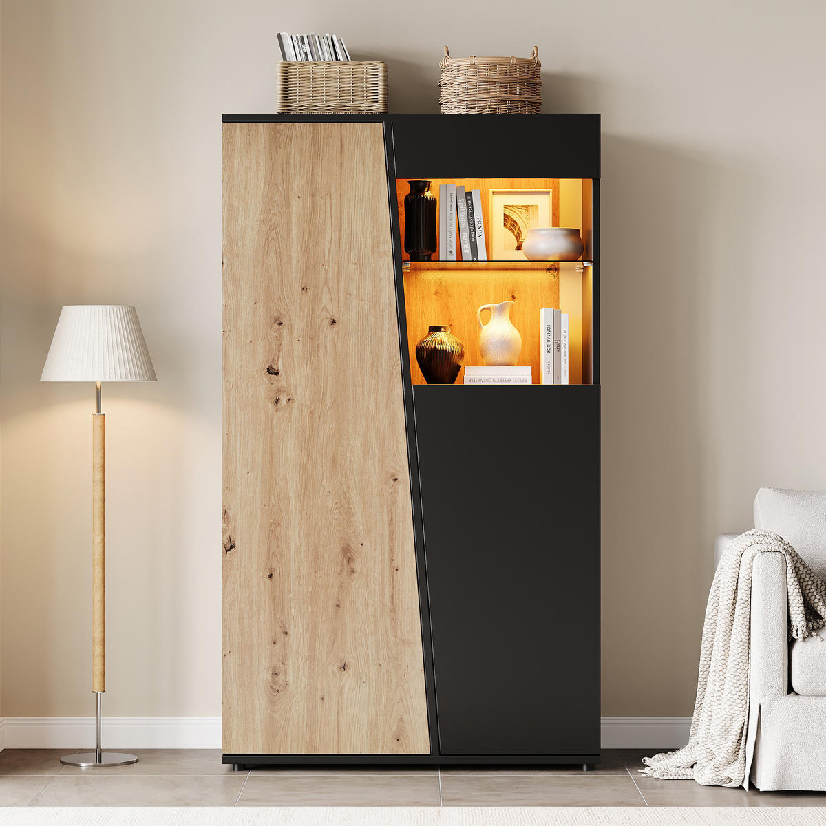 VITRINENSCHRANK 80/35/139,5 cm mit LED, Glastüren und verstellbaren Glasböden in Schwarz-Naturholzoptik - Schwarz/Naturfarben, Glas/Holzwerkstoff (80/139.5/35cm) - CHICFURN