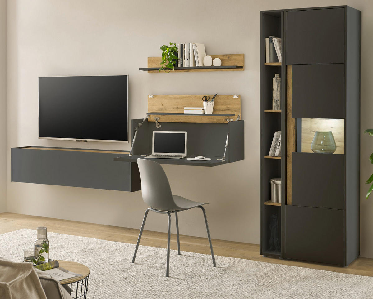WOHNWAND grau matt, Eiche Wotan 340 cm, Schrankwand mit Sekretär - Eiche Wotan/Grau, Glas/Holzwerkstoff (340/200/40cm) - Furn.Design