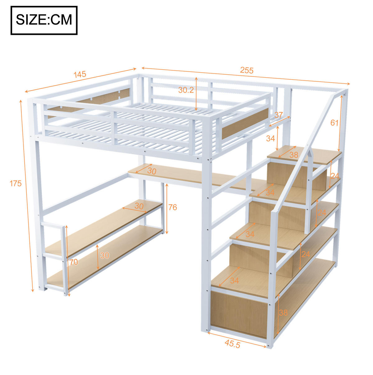 HOCHBETT 140/200 cm in Weiß mit Schreibtisch, Regalen und Stauraumleiter - Weiß, Metall (140/200cm) - BEAOK