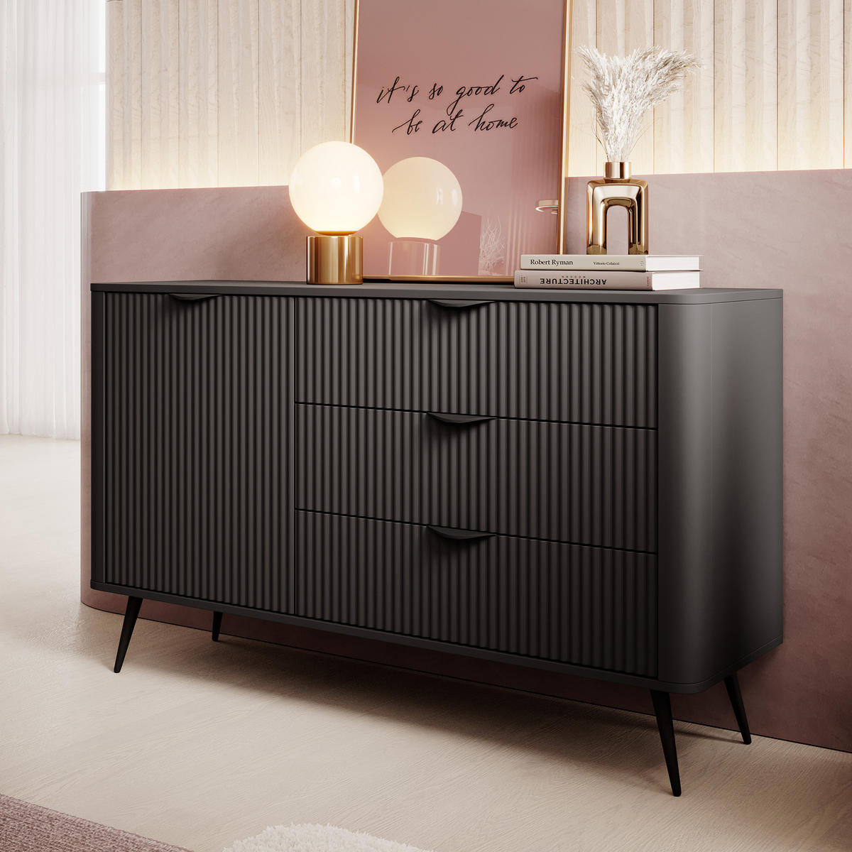 SIDEBOARD Vespasia 1T 3S Schwarz 138,2/81,2/38 cm – Geriffelten Fronten - Schwarz, Holzwerkstoff/Metall (138.2/81.2/38cm) - AX Living