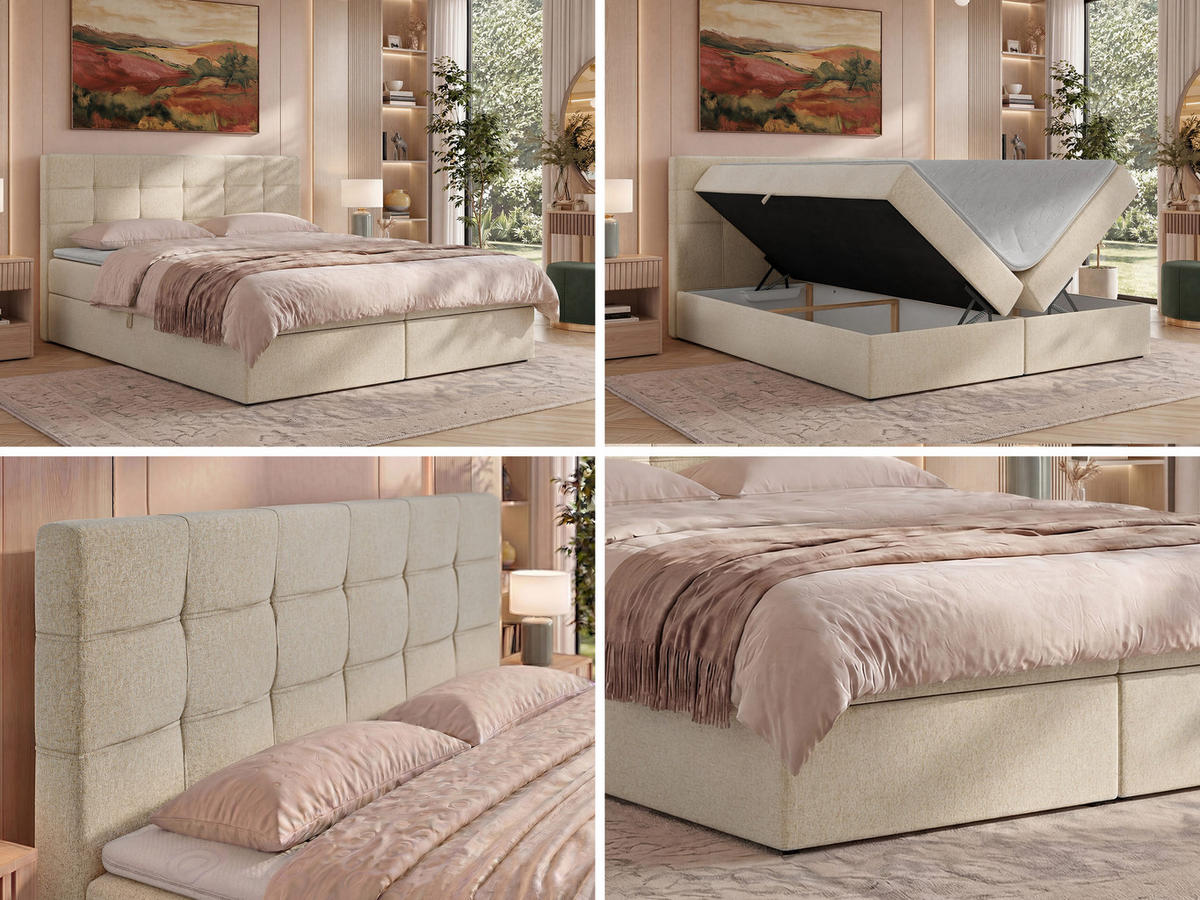 BOXSPRINGOVÁ POSTEĽ SOLVEN 140/200 - Béžová Štruktúrovaná látka - Topper Visco - H3 (stredne tvrdý) - čierna/béžová, textil/plast (140/200cm) - MKS